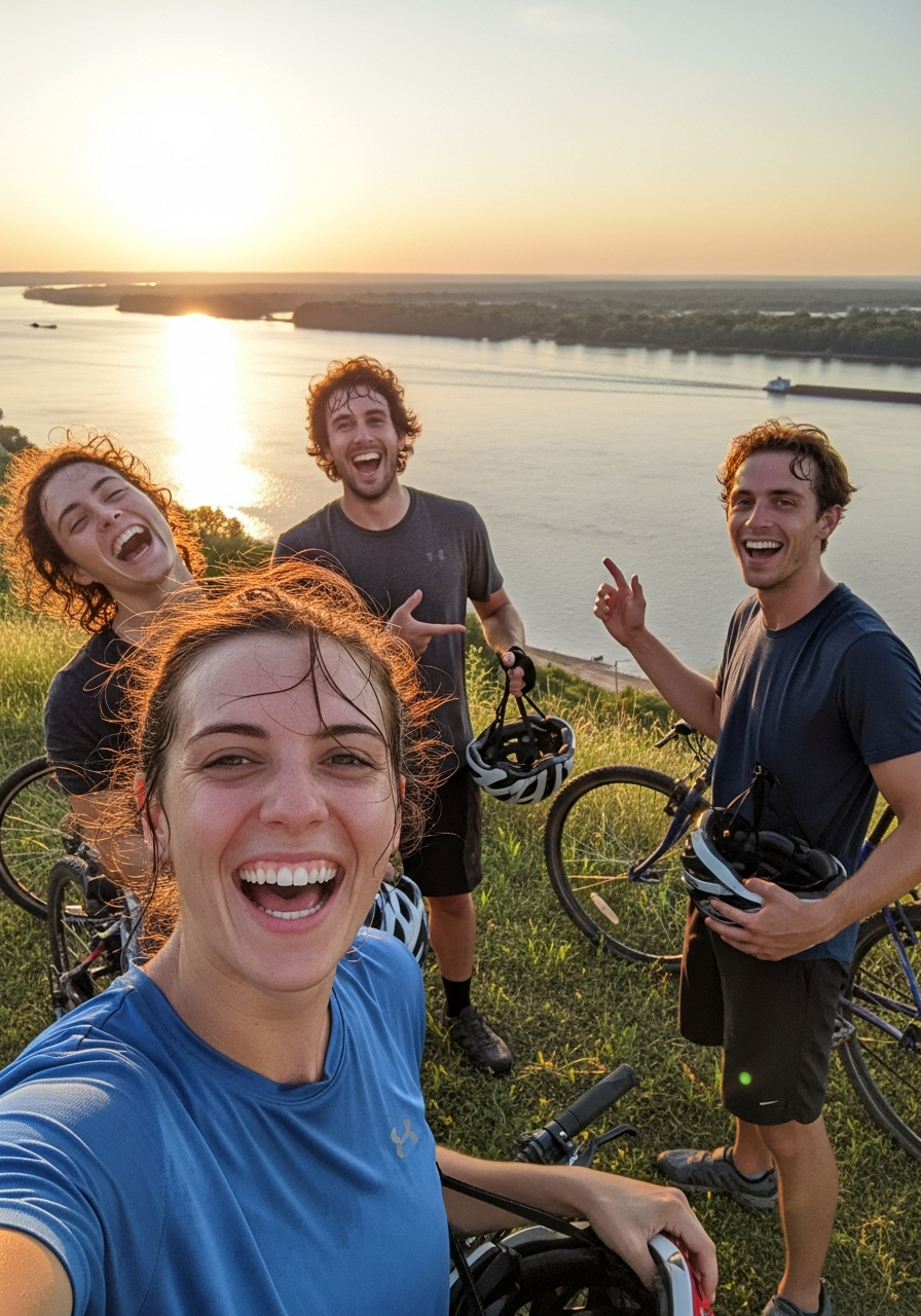 Group of cyclists celebrating finishing the Natchez Trace