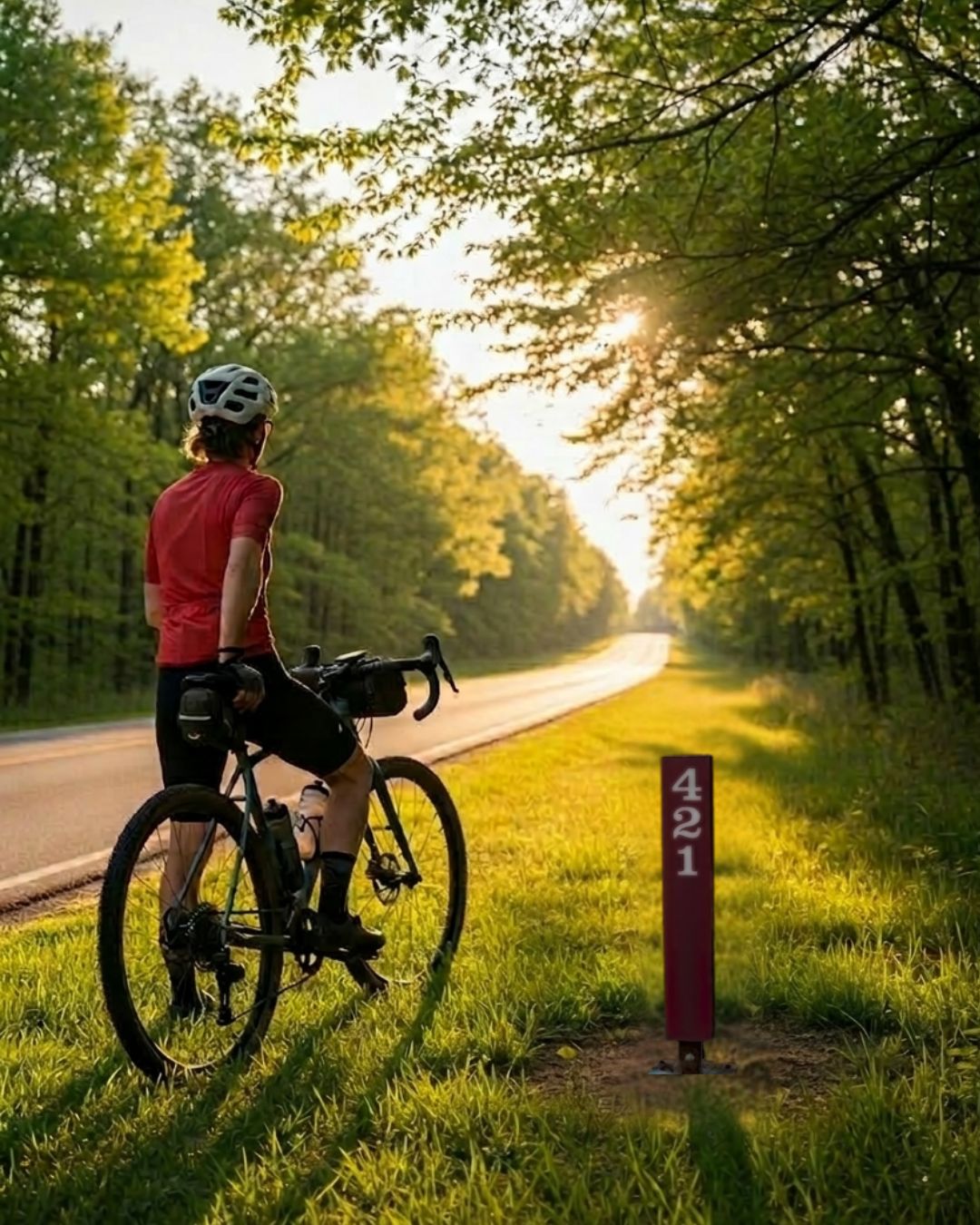 Cyclist at a Natchez Trace milepost marker