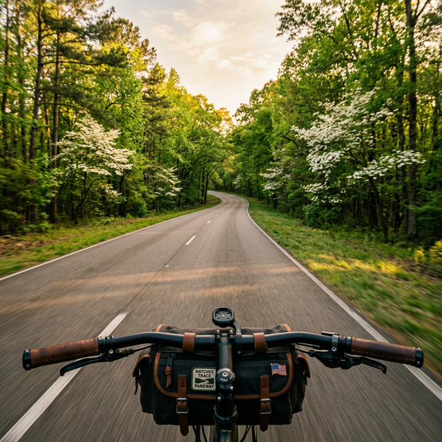 POV shot from the bike looking down the Natchez Trace