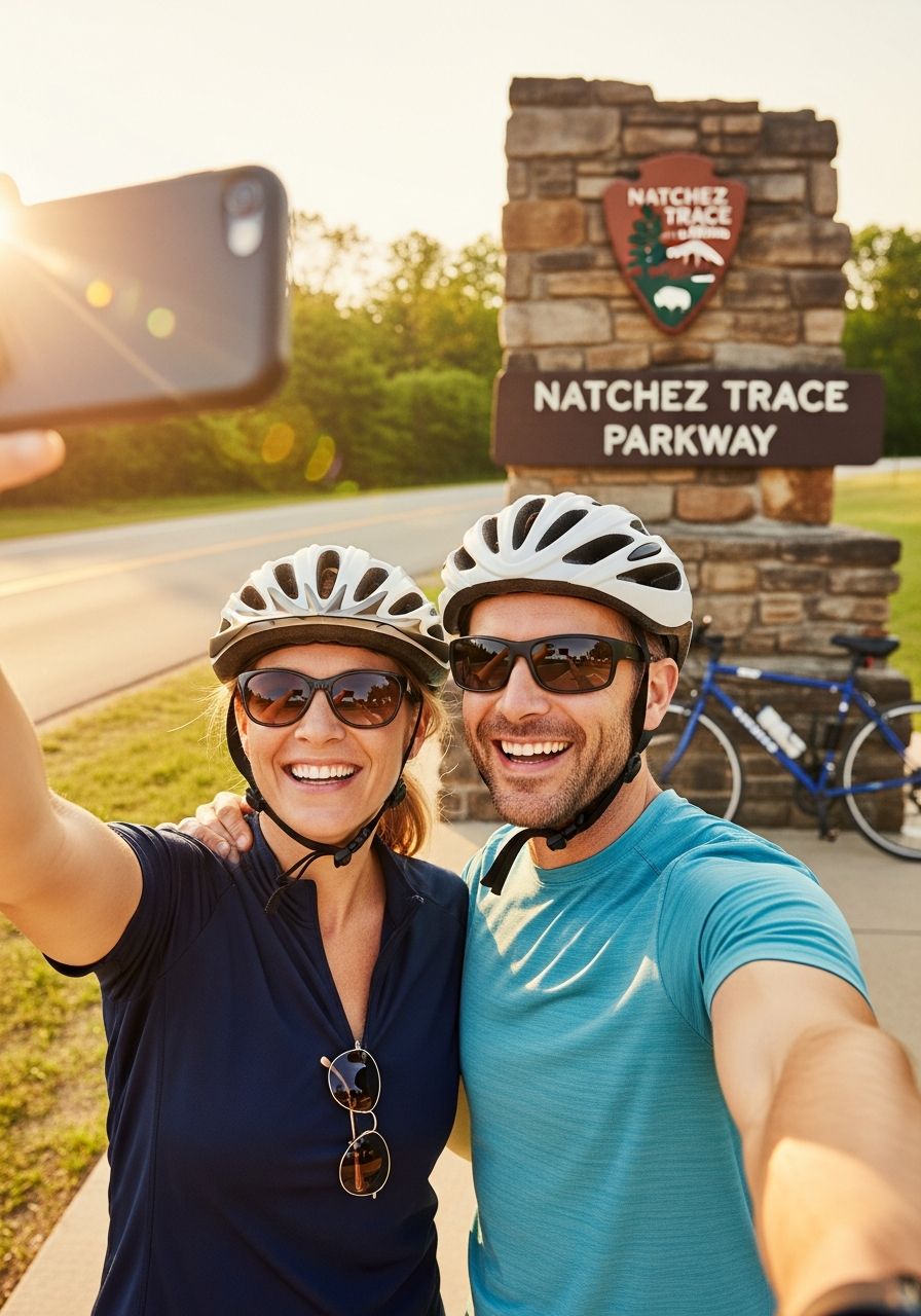 Cyclists at the Natchez Trace Parkway sign